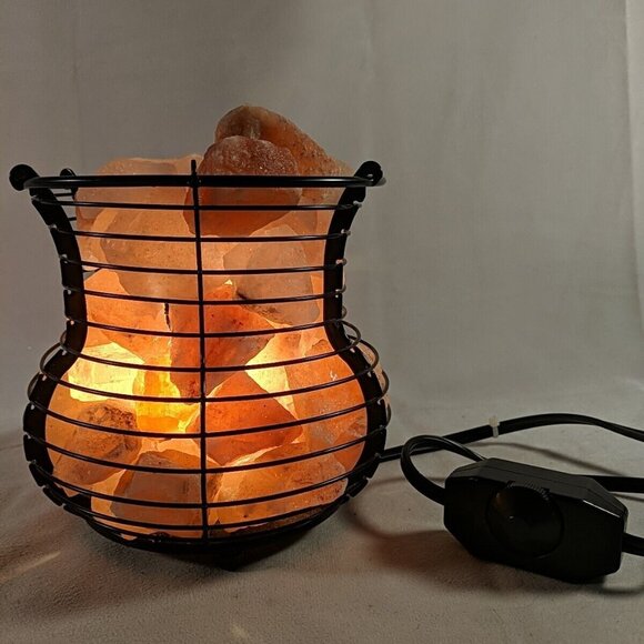 Himalayan Salt Lamp Pink Black Wire Basket Light Accent Lamp Metal Large Big - Picture 1 of 13